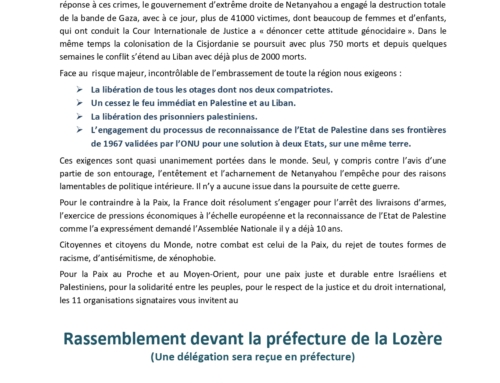 Action du vendredi 18 octobre 24 à 18h à Mende pour la PAIX en Palestine et au Liban