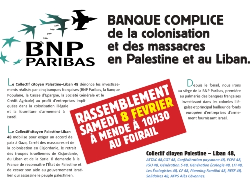 Collectif Citoyen Palestine – Liban 48 : RASSEMBLEMENT 10h30 A MENDE 8 FEVRIER :